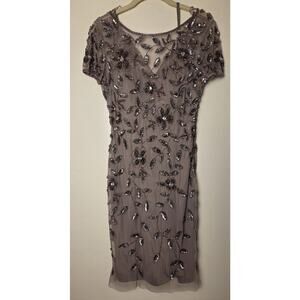 Adrianna Papell Dress Women 2P Blush Floral Mesh Slip Beaded Crystal Embellish